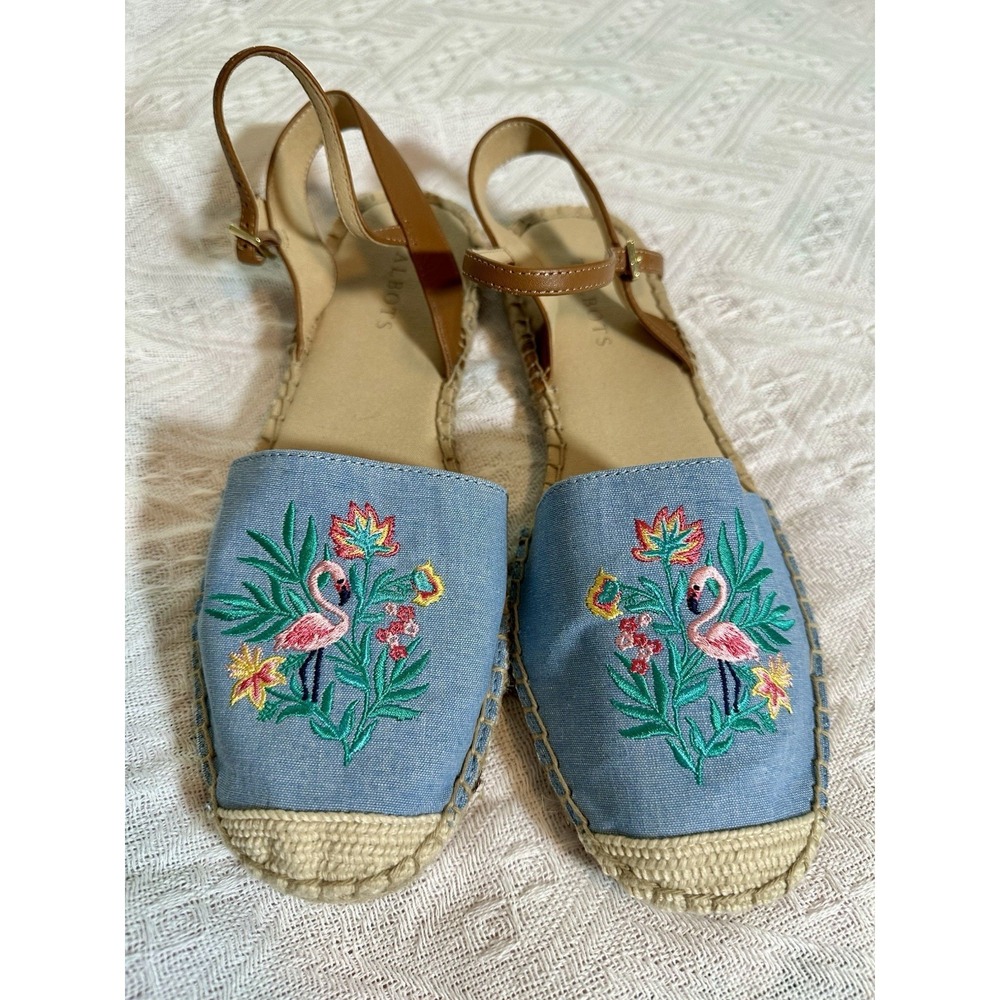 Talbots Izzy D'Orsay Flamingo Embroidered Chambray Espadrille Sandals Size 9M